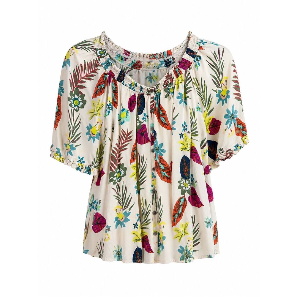 Terra & Sky 2X Rayon Floral Button Front Boho Peasant Blouse